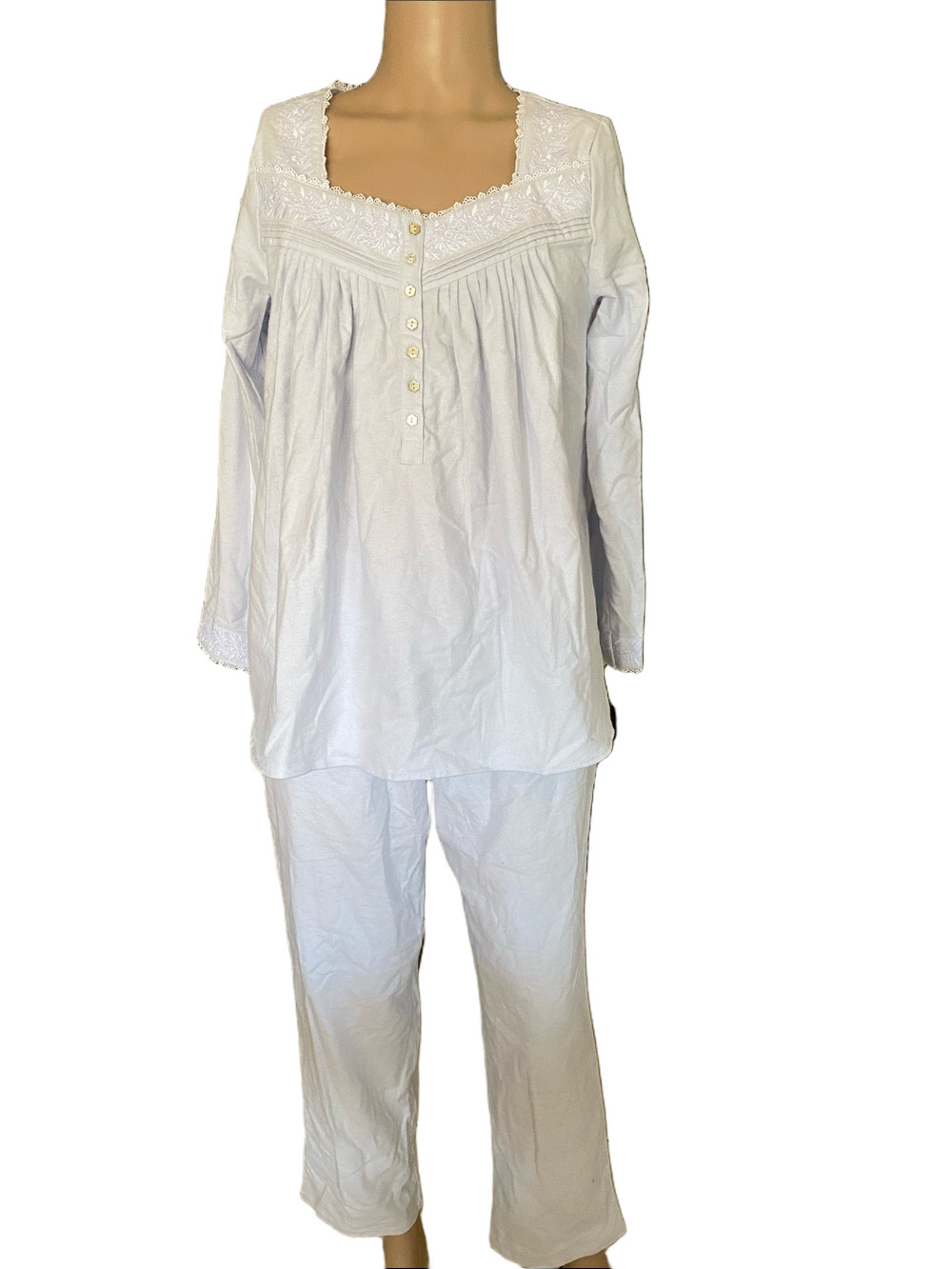 Eileen West baby blue flannel Cotton Button-Front Pajama Set with Lace Trim